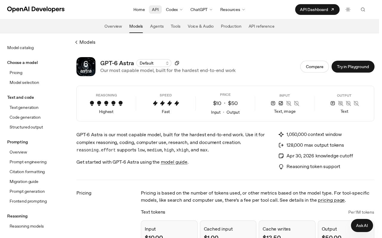 OpenAI 개발자 문서 GPT-6 Astra 모델 페이지 — $10/$50, 1,050,000 컨텍스트
